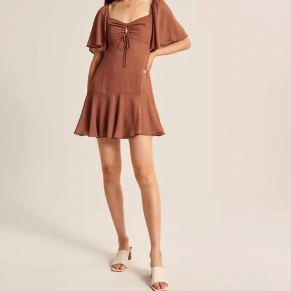 Abercrombie & Fitch Flutter Sleeve Keyhole Mini Dress Brown Size XL TALL